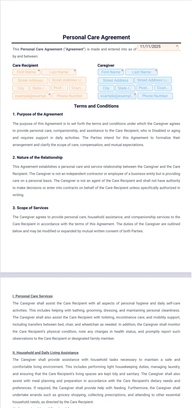 Personal Care Agreement Template