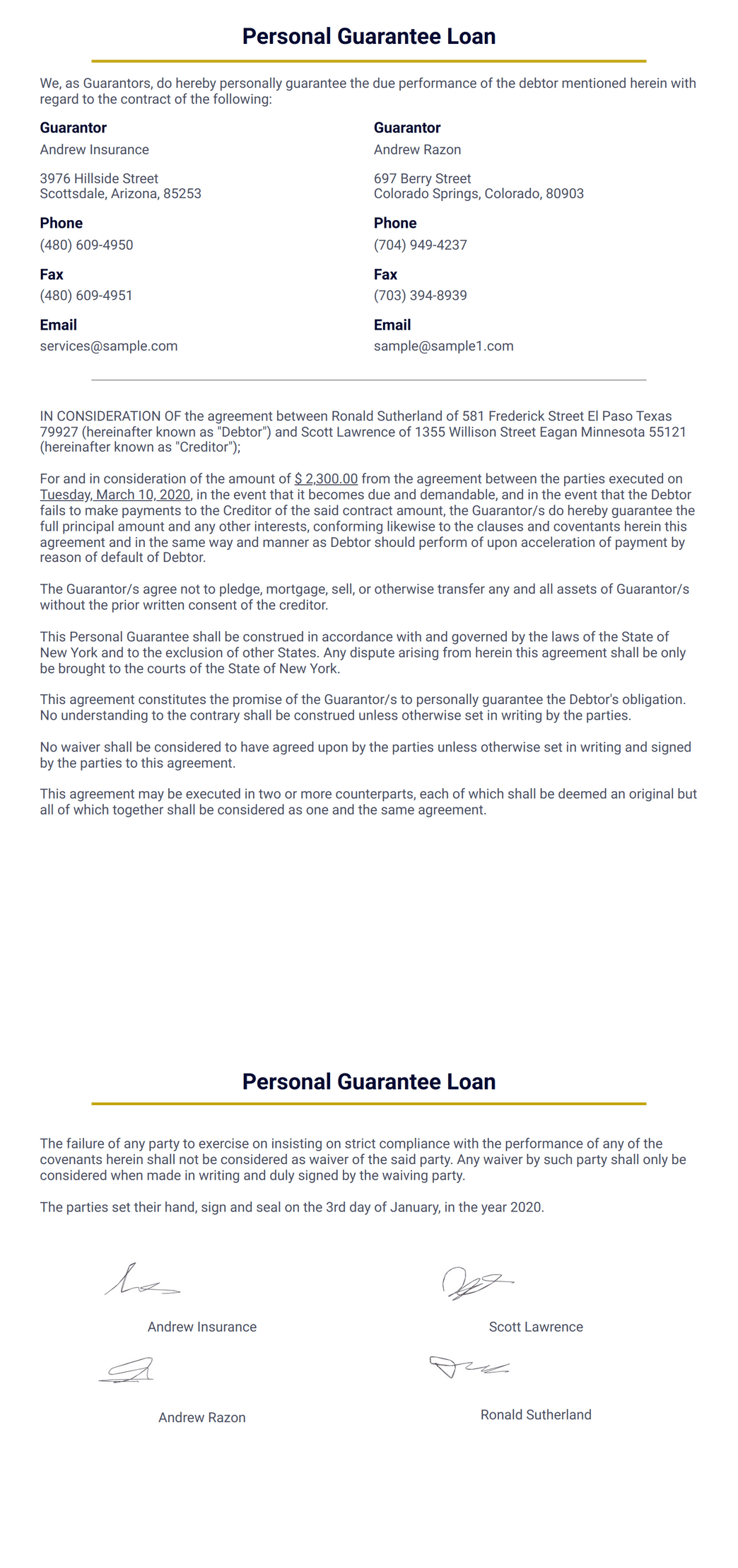 Personal Guarantee Loan PDF Template | Jotform