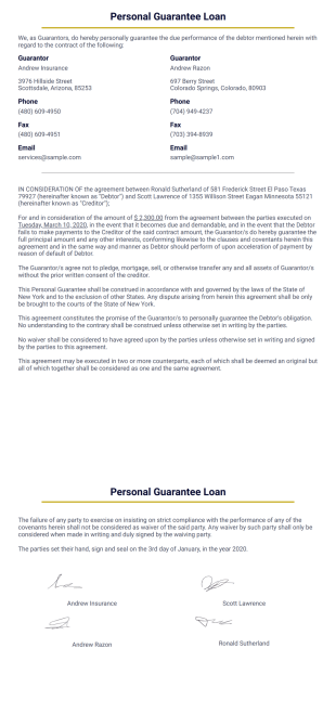 Personal Guarantee Loan PDF Template