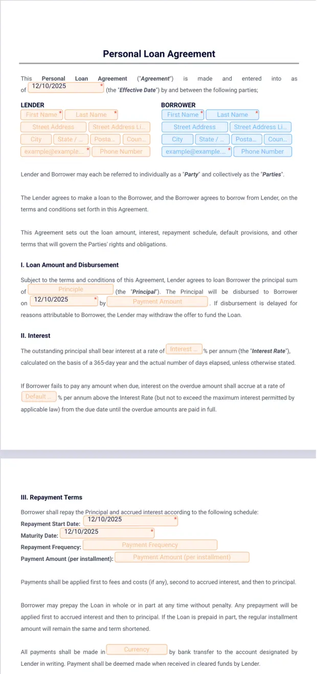 Personal Loan Agreement Template