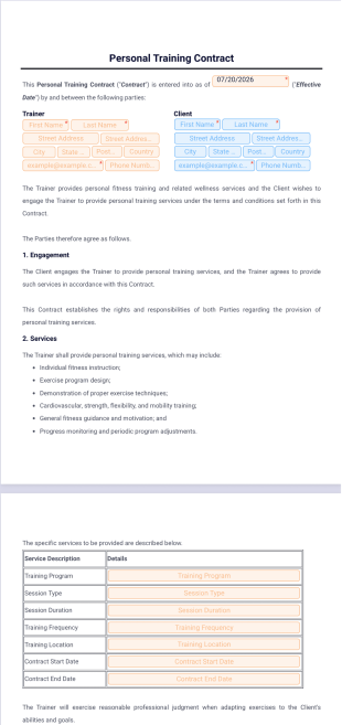 Personal Training Contract Template - PDF Templates