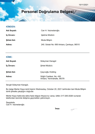 Personel Doğrulama Belgesi Şablonu - PDF Templates