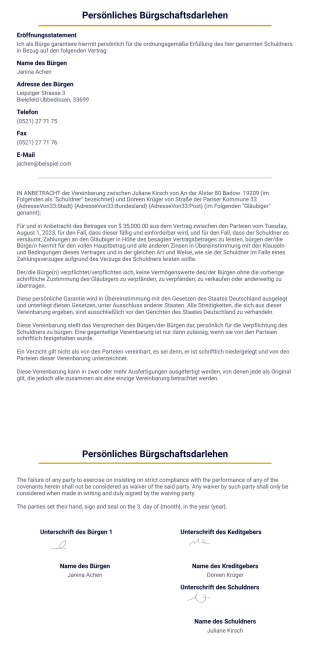 Persönliches Bürgschaftsdarlehen - PDF Templates