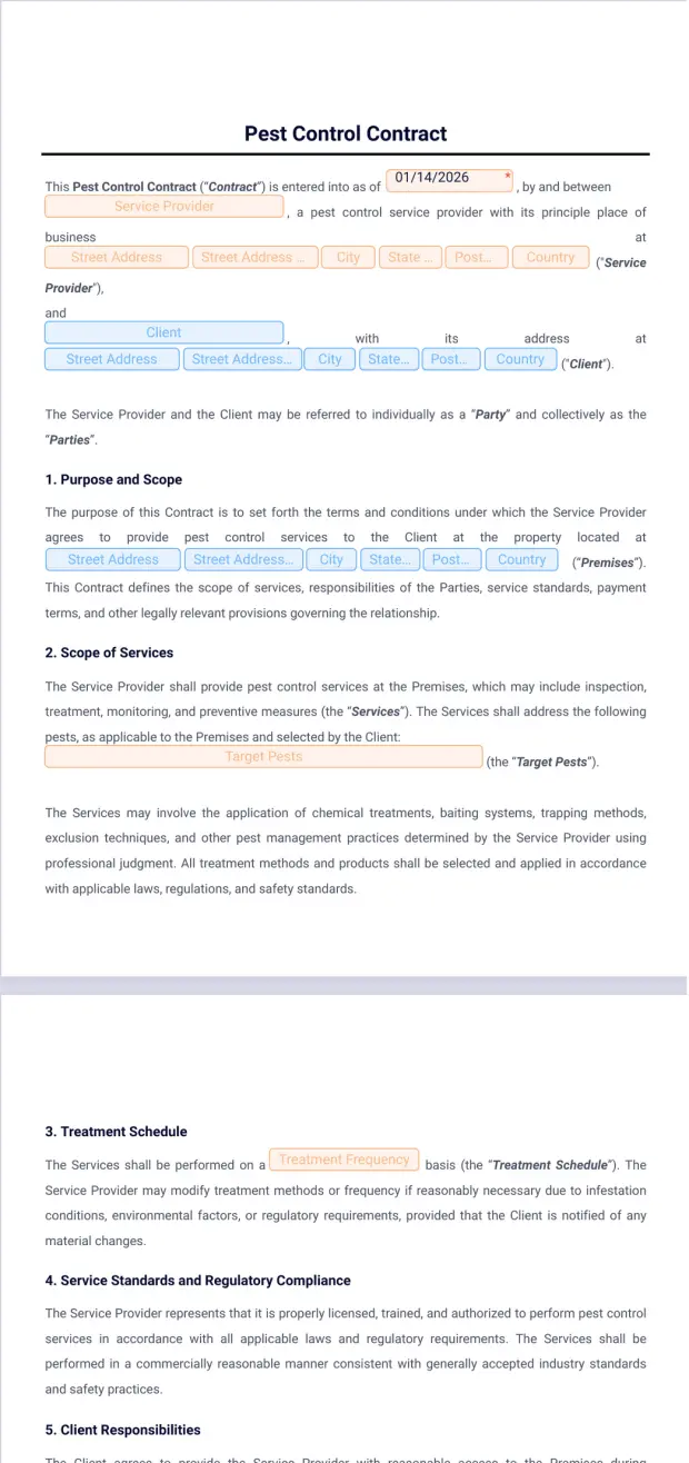 Pest Control Contract Template
