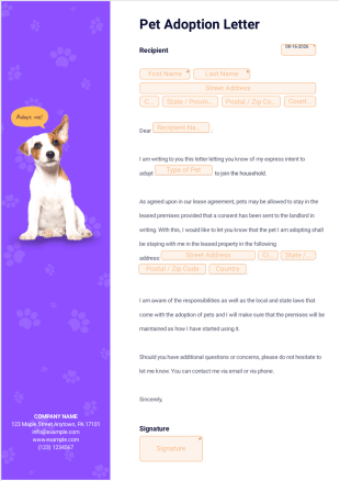 Pet Adoption Letter Template - PDF Templates