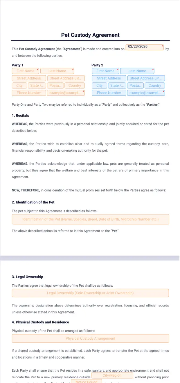 Pet Custody Agreement Template