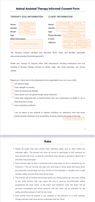 Pet Therapy Consent Form PDF Template