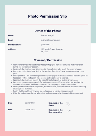 Photo Permission Slip Template - PDF Templates