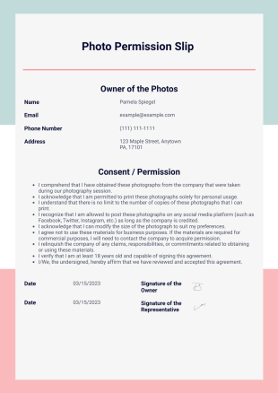 Photo Permission Slip Template - PDF Templates