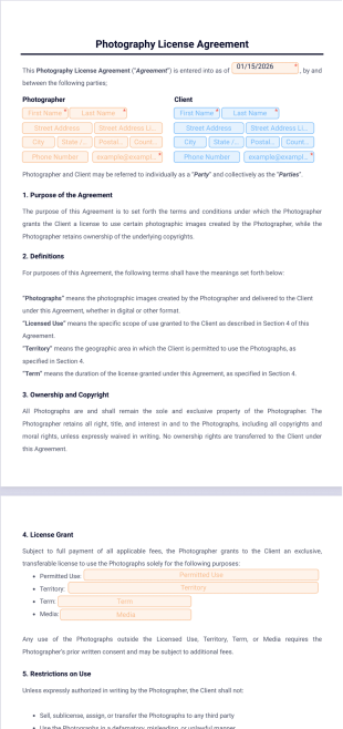 Photography License Agreement Template - PDF Templates
