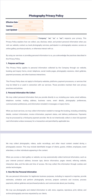 Photography Privacy Policy Template - Sign Templates