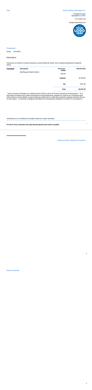 Plantilla de presupuesto de impresión - Plantillas PDF