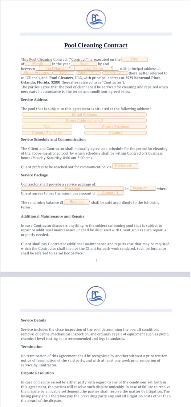 Pool Cleaning Contract