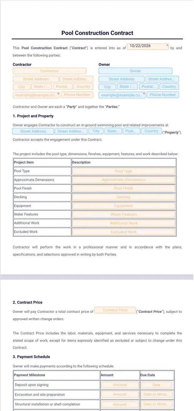 Pool Construction Contract Template - PDF Templates | Jotform