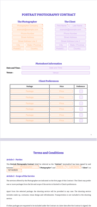 Portrait Photography Contract Template - PDF Templates