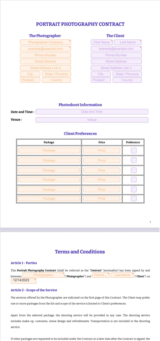 Portrait Photography Contract Template