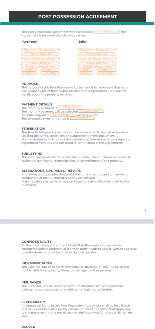 Post Possession Agreement PDF Template
