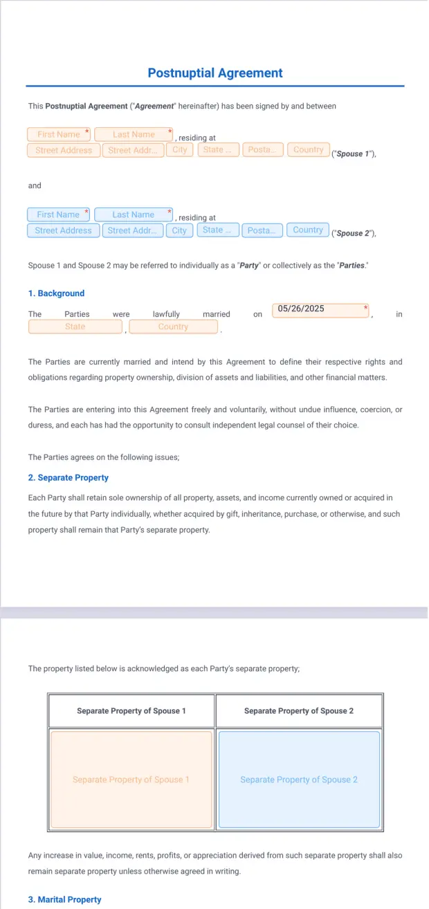 Postnuptial Agreement Template