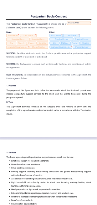 Postpartum Doula Contract Template - PDF Templates