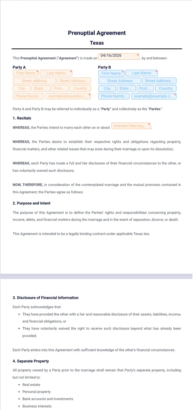 Prenuptial Agreement Texas Template