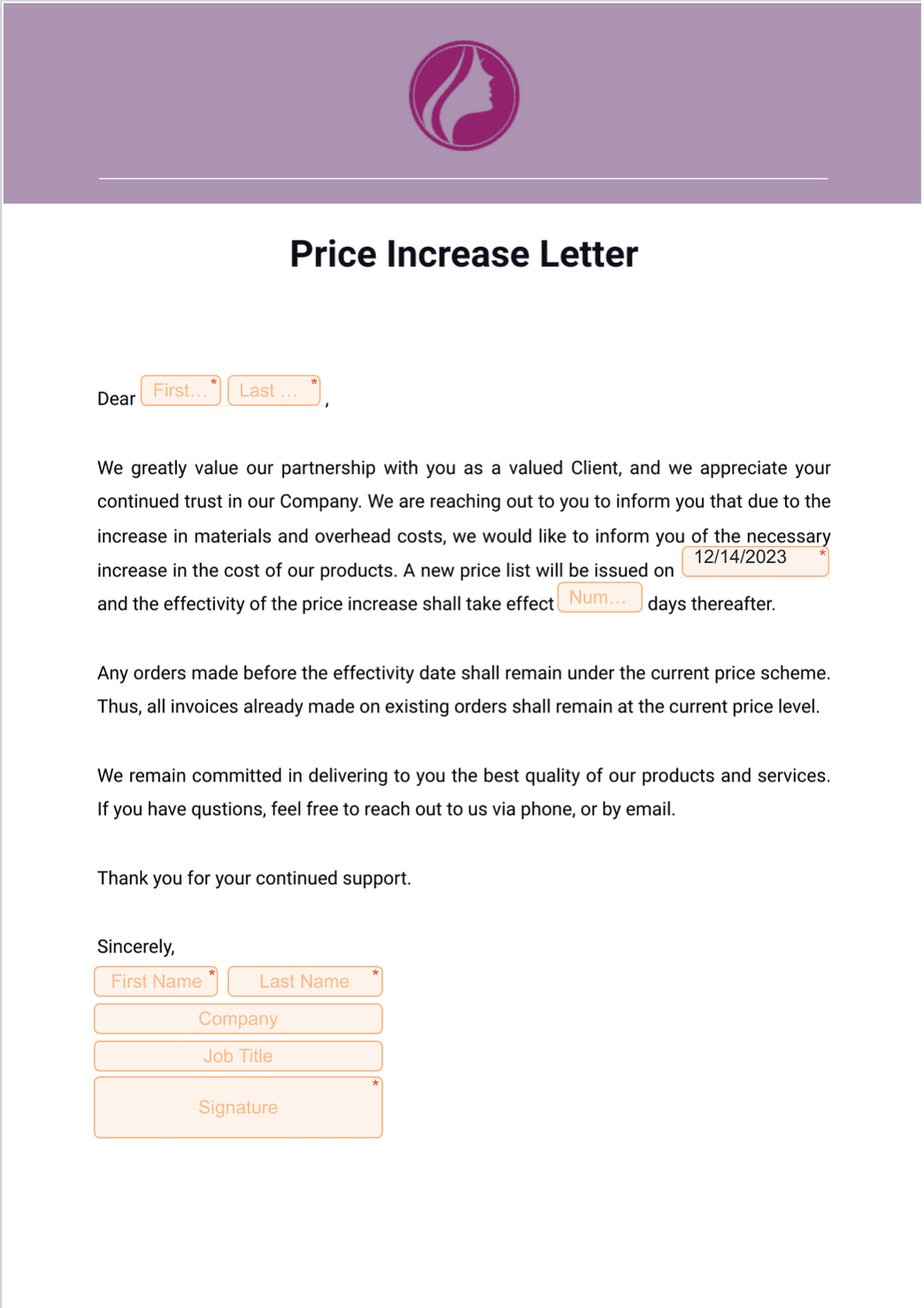 Price Increase Letter - PDF Templates | Jotform