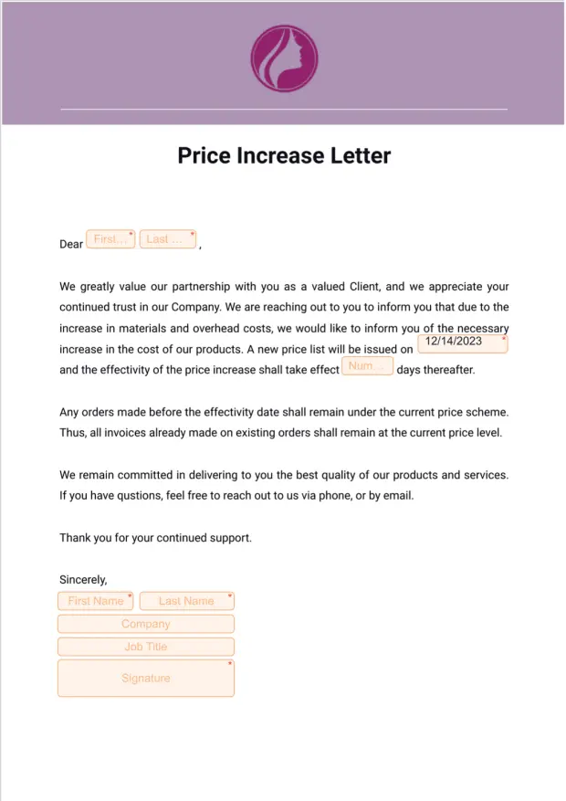 Price Increase Letter - Sign Templates | Jotform