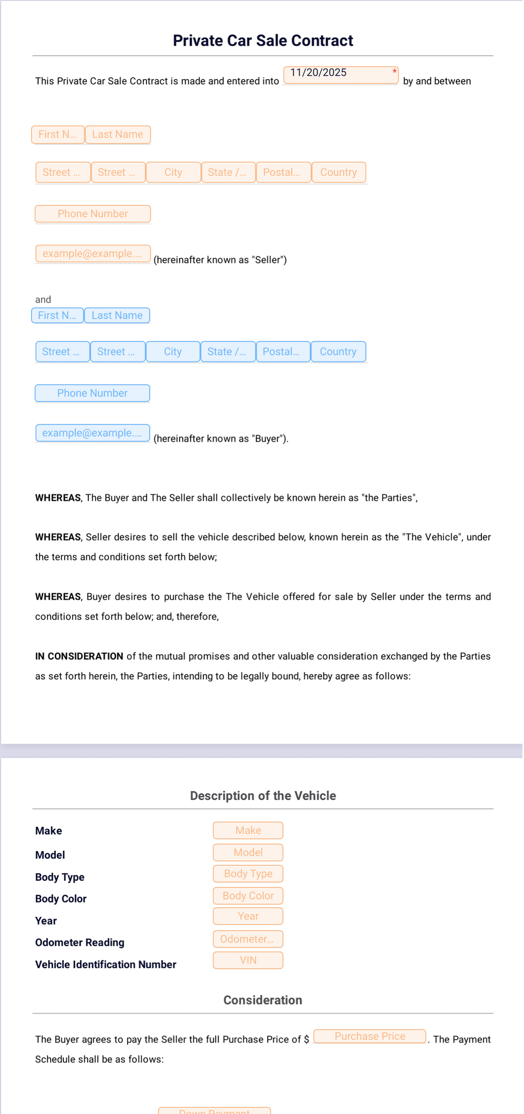 Private Car Sale Agreement Template