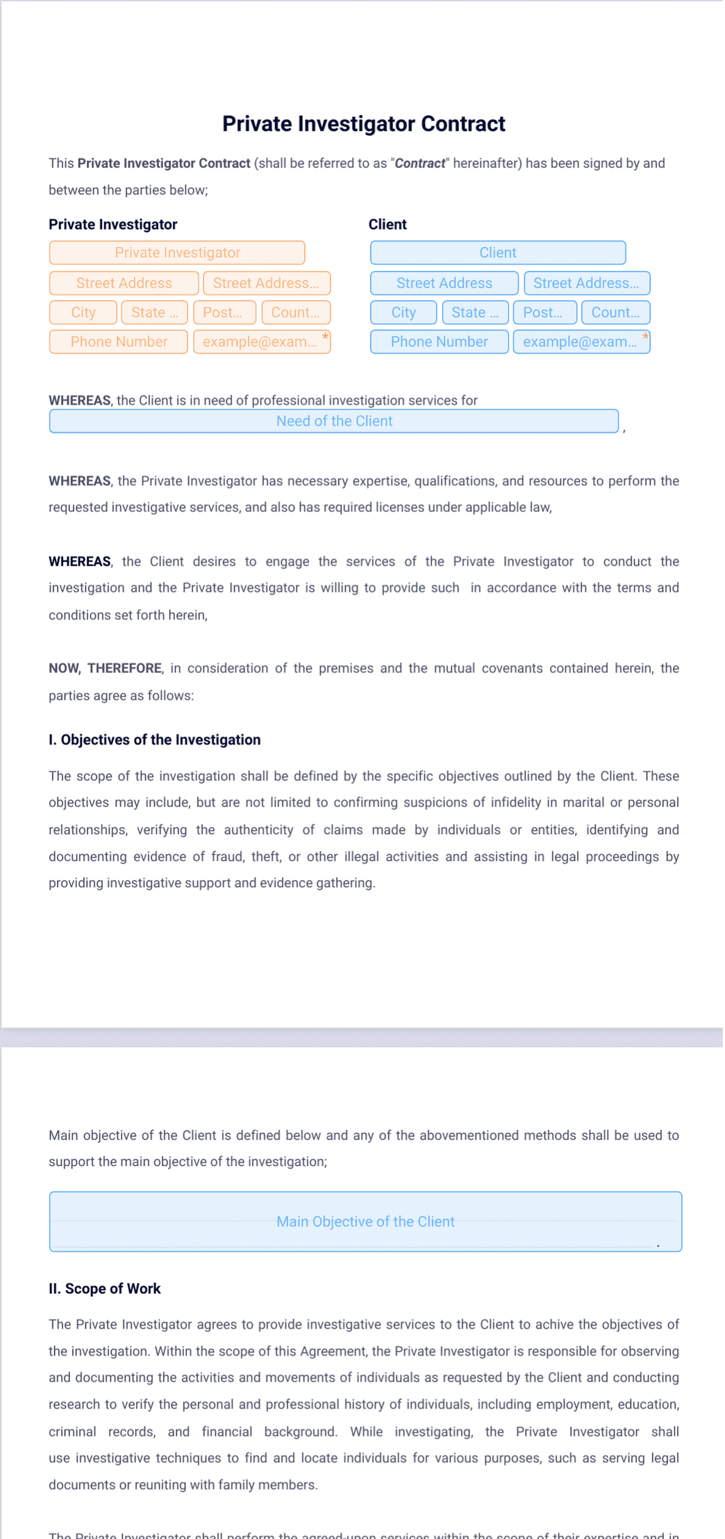Private Investigator Contract PDF Template | Jotform
