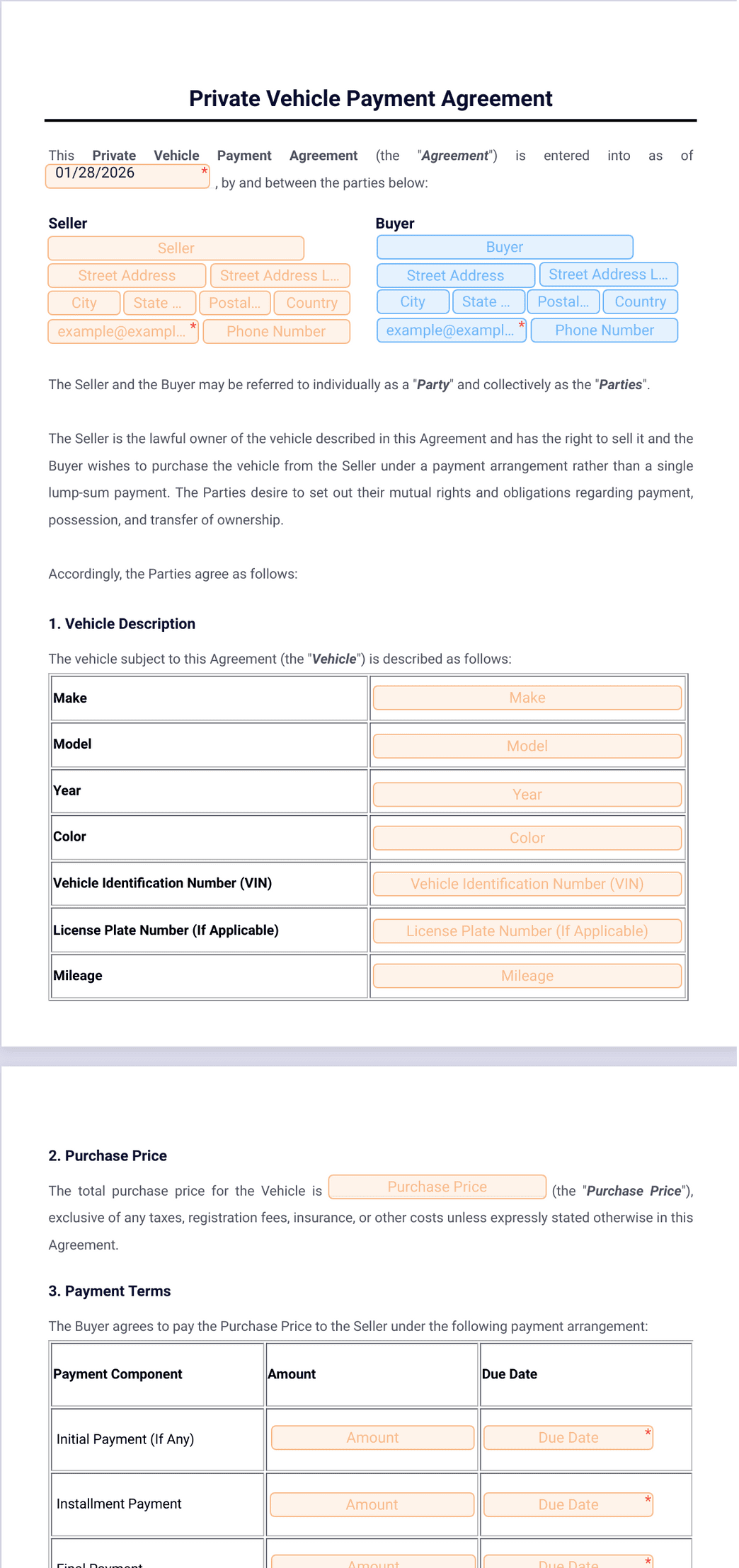 Private Vehicle Payment Agreement Template PDF Templates Jotform