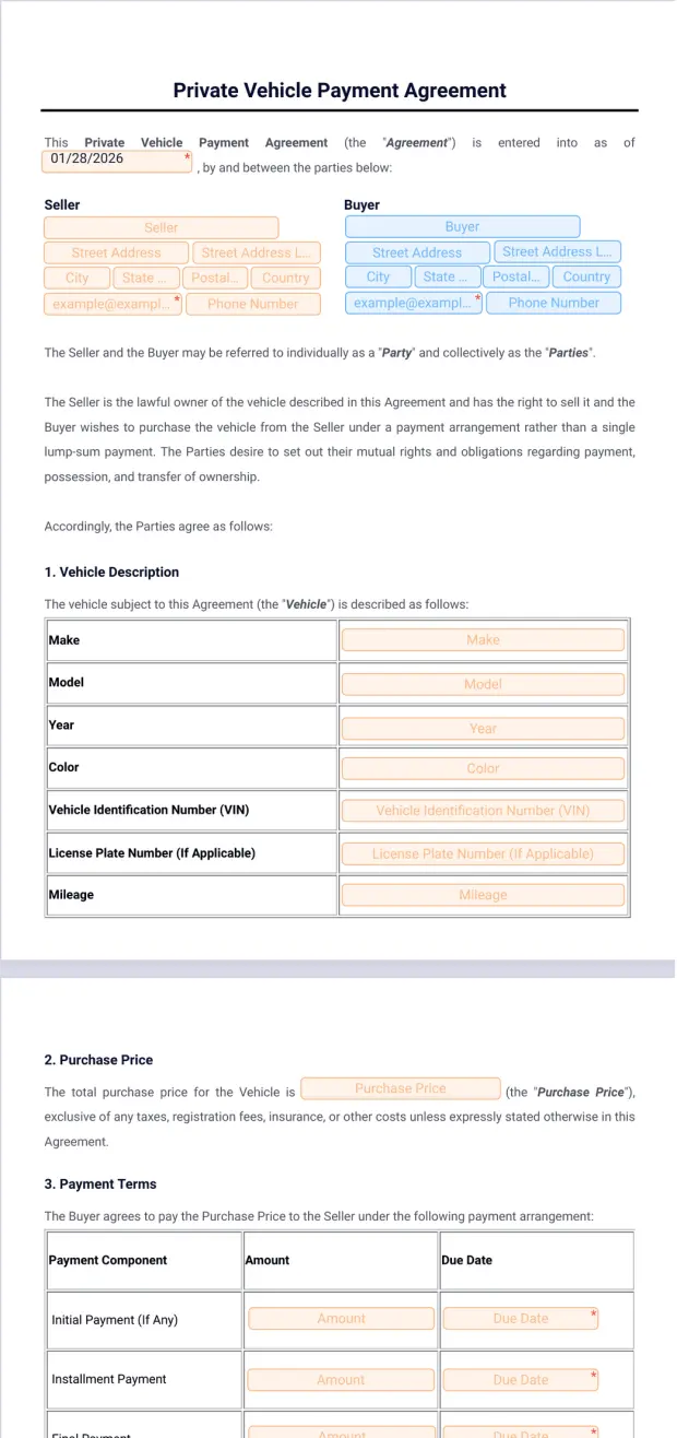 Private Vehicle Payment Agreement Template