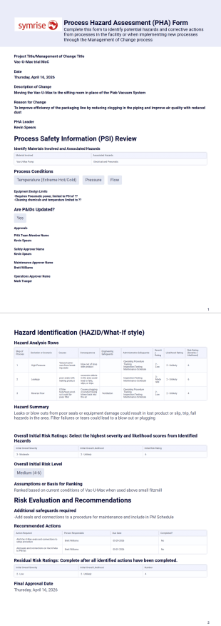 Process Hazard Assessment (PHA) Form PDF Template