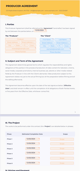 Producer Agreement Form PDF Template