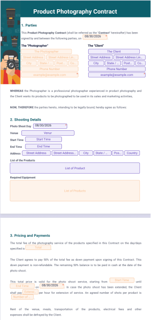 Product Photography Contract Template - PDF Templates
