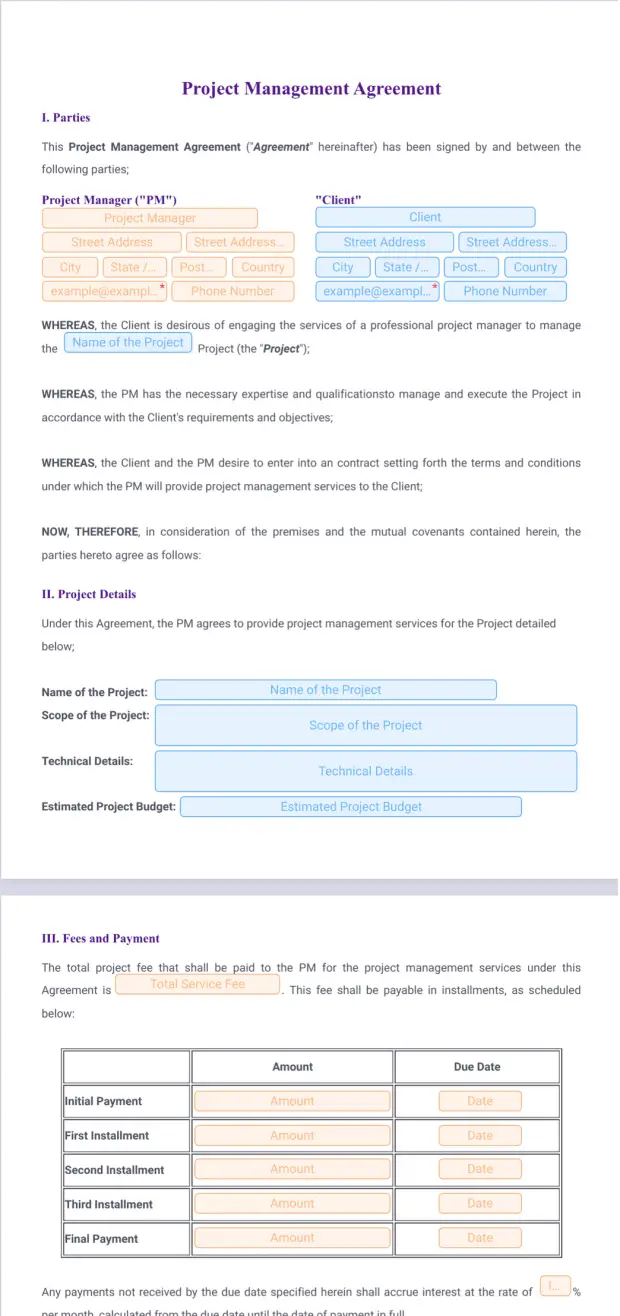 Project Management Agreement PDF Template Jotform