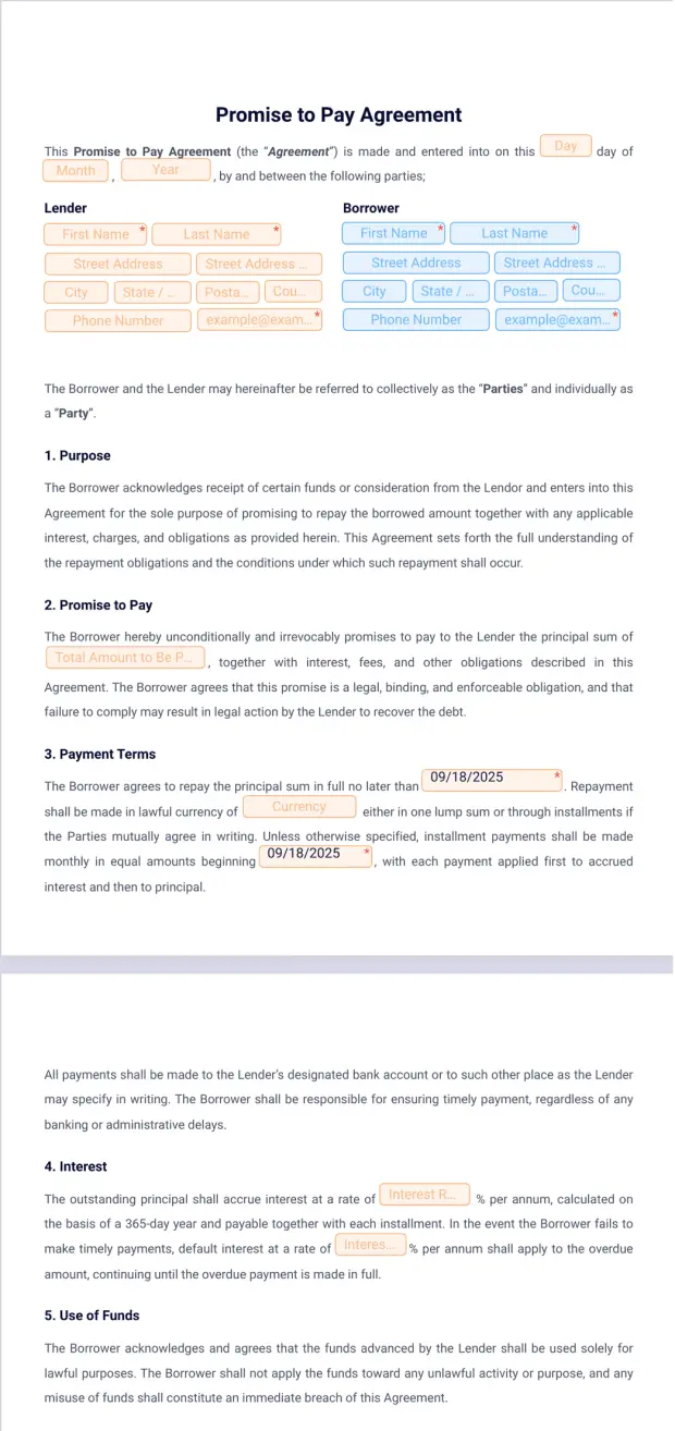 Promise to Pay Agreement Template