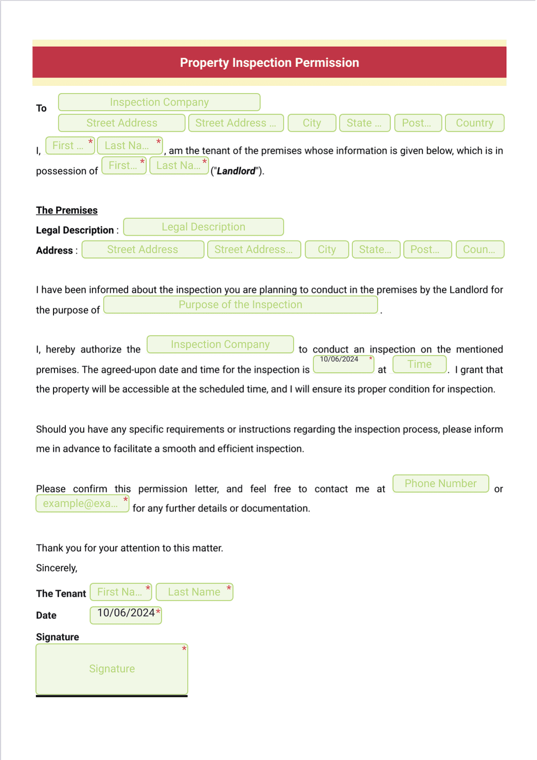 Property Inspection Permission Template - PDF Templates | Jotform