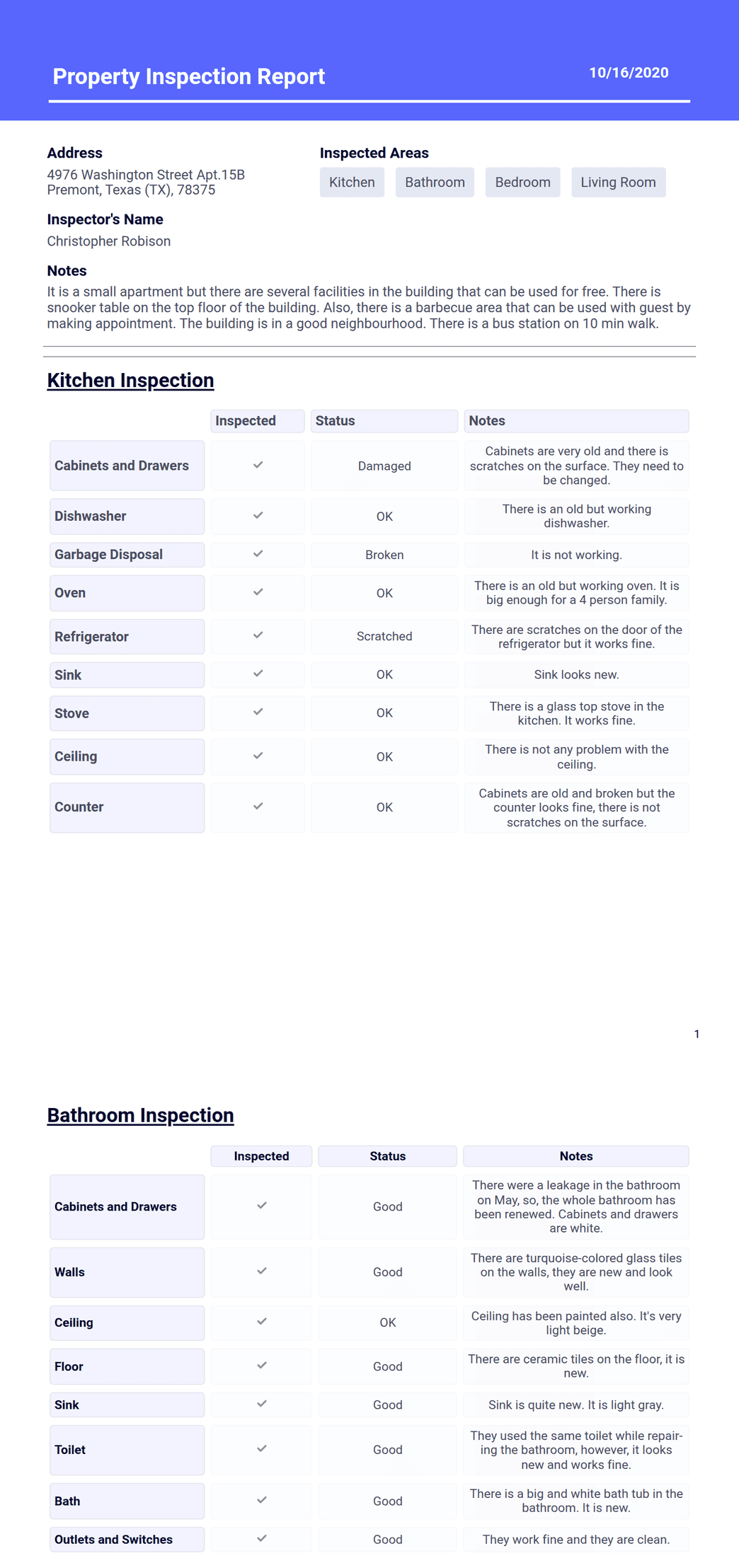 Property Inspection Report - PDF Templates | Jotform