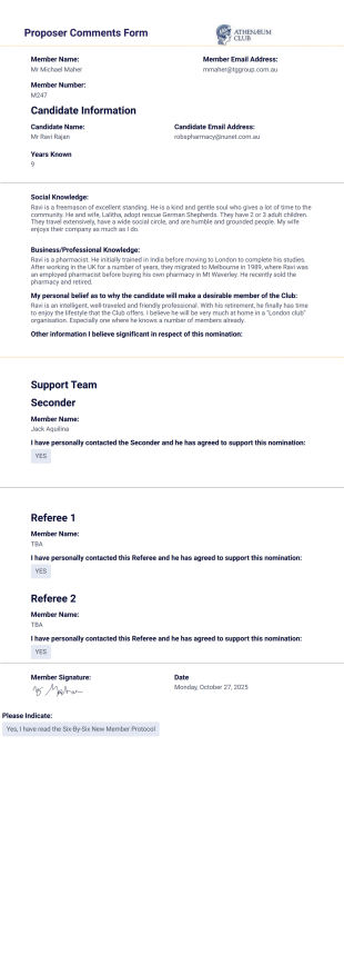 Proposer Comments Form PDF Template