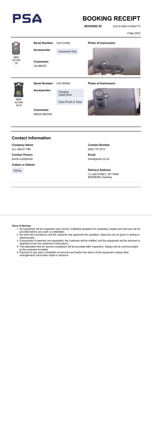 PSA Service | Booking Receipt PDF Template