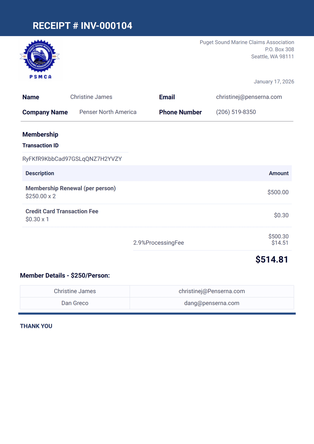 PSMCA Credit Card Receipt PDF Template | Jotform
