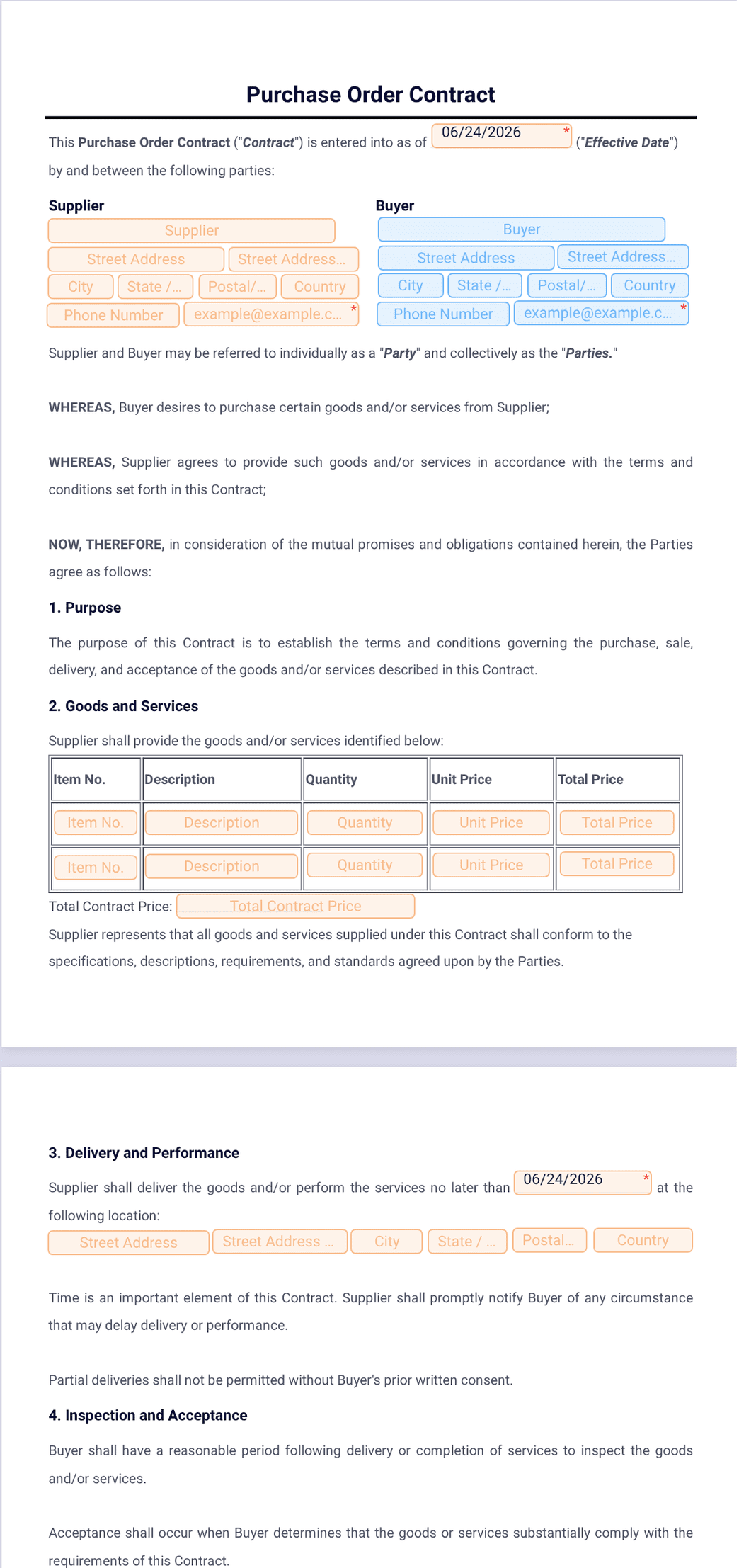 Purchase Order Contract Template - PDF Templates | Jotform