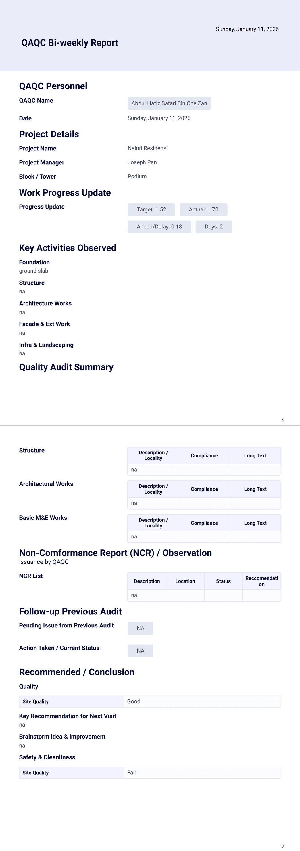 QAQC Bi-weekly Report PDF Template | Jotform