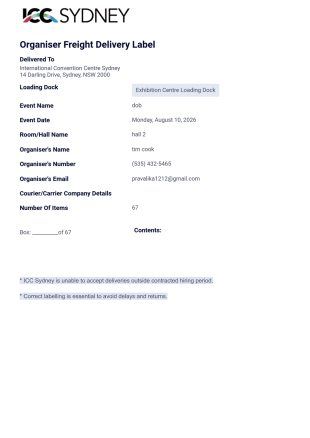 Organiser Delivery label PDF Template