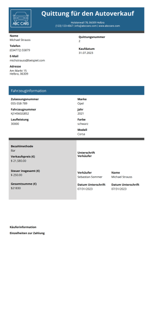 Quittung für den Autoverkauf PDF-Vorlage