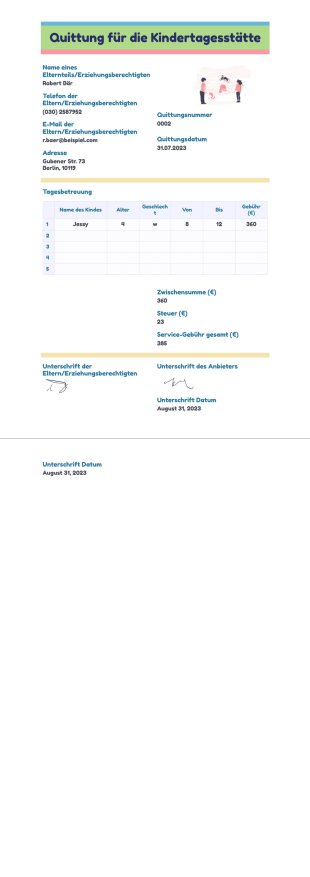 Quittung für die Kindertagesstätte PDF-Vorlage