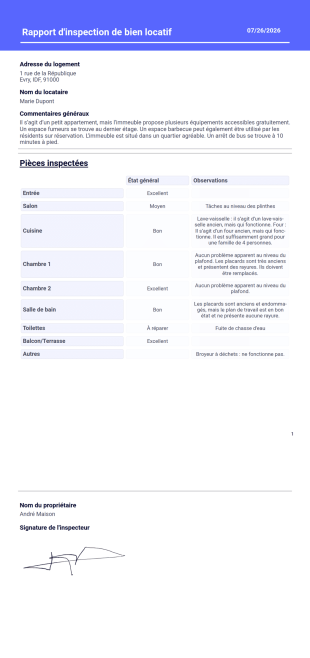 Rapport d'inspection locative Modèle PDF