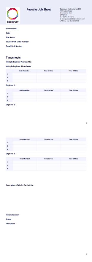 Reactive Job Sheet v2 PDF Template