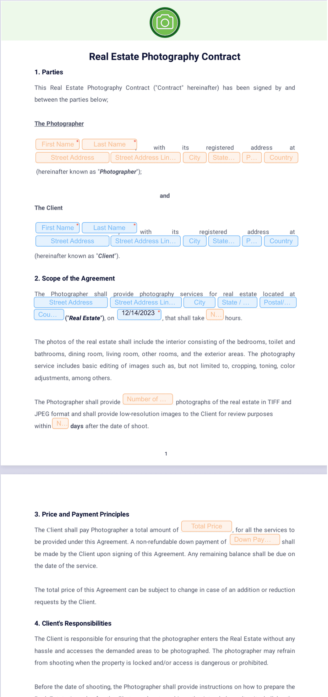 Real Estate Photography Contract PDF Template Jotform