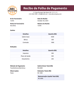 Recibo de Folha de Pagamento Modelo de PDF