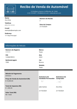 Recibo de Venda de Automóvel Modelo de PDF